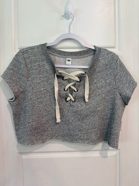 Old Navy Gray Lace Up Crop Sweatshirt Short Sleeve Pullover Size M
